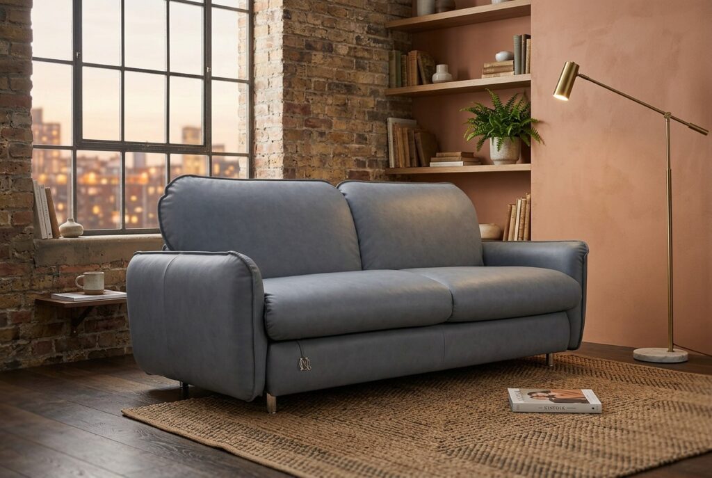 Front view of Birillo sofa bed with clean modern design and soft upholstery