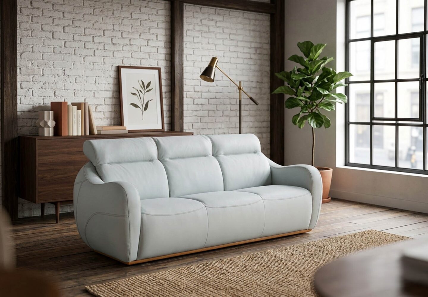 Bubble sofa in stylish interior with minimalist decor and natural light
